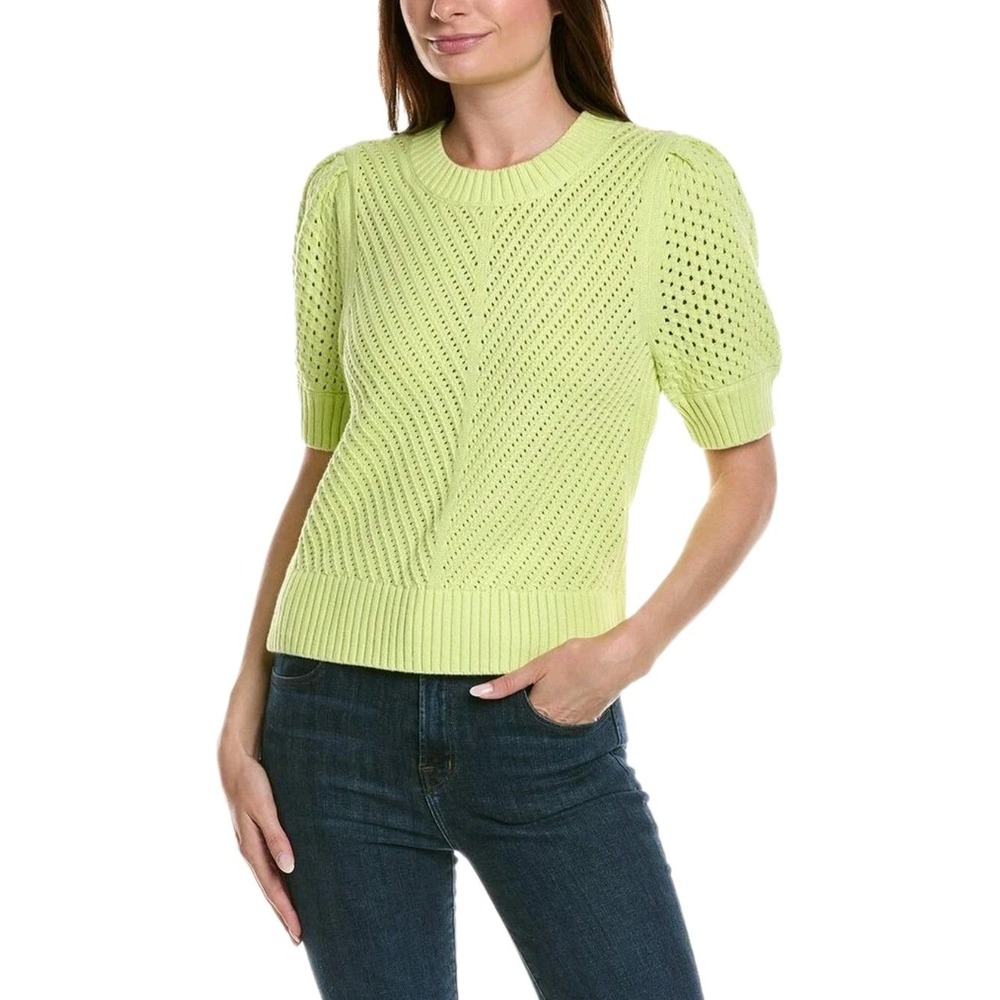 Cabi Beaming Sweater chartreuse green Puff Sleeve Cable Knit Size XSmall XS